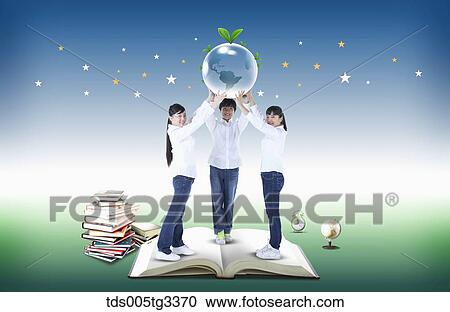Clipart - A boy and girls holding up the globe with the books around. Fotosearch