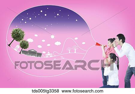 Stock Illustration - A boy and girls with the building and trees in speech bubble . Fotosearch