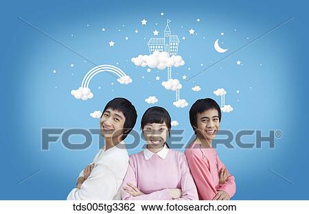 A girl and boys with their arms folded under the white cloud View Large Illustration Drawing - A girl and boys with their arms folded under the white cloud. Fotosearch