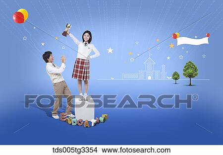 Stock Illustration - A girl holding up a trophy and surprised boy with educational blocks around. Fotosearch