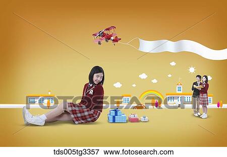 Stock Illustration - A girl looking back on gift boxes with other students behind. Fotosearch