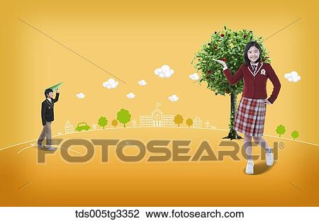 A girl presenting the green tree and a boy flying the paper plane View Large Illustration Drawing - A girl presenting the green tree and a boy flying the paper plane. Fotosearch