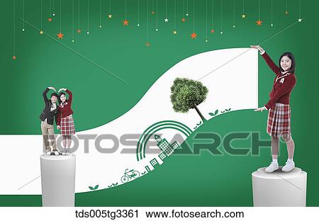 A girl showing the white line of green building and tree with other students making heart View Large Illustration Clip Art - A girl showing the white line of green building and tree with other students making heart. Fotosearch