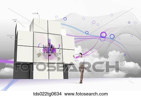 Stock Illustration - A pointing woman with the white blocks showing the virtue. Fotosearch
