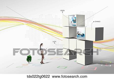 A woman in front of the screen blocks showing the virtue View Large Illustration Drawing - A woman in front of the screen blocks showing the virtue. Fotosearch