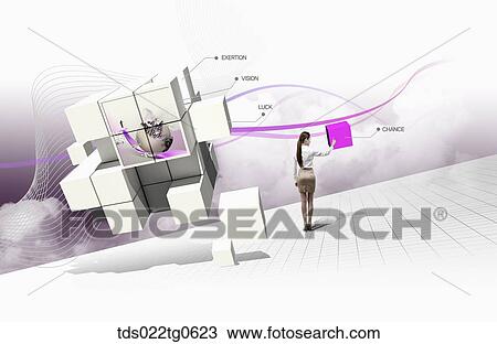 A woman pointing pink block with other blocks showing the virtue View Large Illustration Drawing - A woman pointing pink block with other blocks showing the virtue. Fotosearch