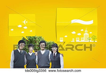 Stock Illustration - Boy and girl students with yellow speech bubble . Fotosearch