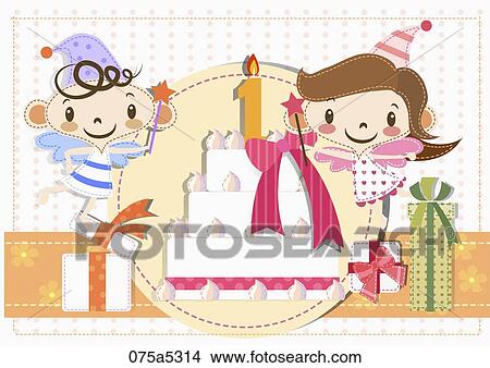 The angles with 1-year-old cake and present View Large Illustration Stock Illustration - The angles with 1-year-old cake and present . Fotosearch