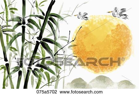 Drawing - The bamboo and the crane over the full moon . Fotosearch