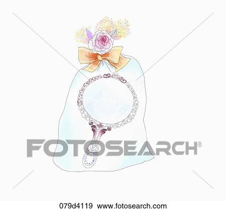 Stock Illustration - The beautiful mirror wrapped with the pink flower and orange ribbon . Fotosearch