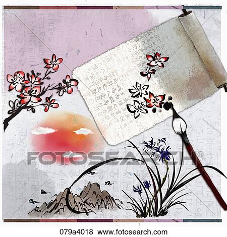 The black and white drawing of pink blossom on Korean paper View Large Illustration Stock Illustration - The black and white drawing of pink blossom on Korean paper . Fotosearch