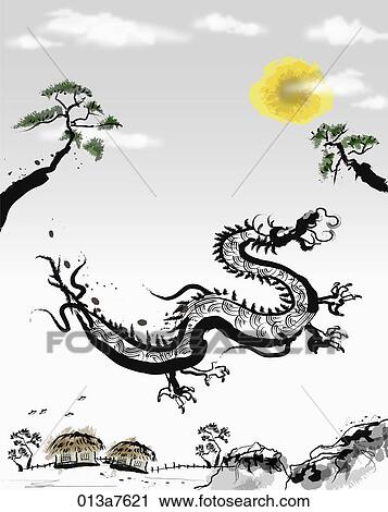 The black and white drawing of the dragon with full moon and pine View Large Illustration Clip Art - The black and white drawing of the dragon with full moon and pine. Fotosearch