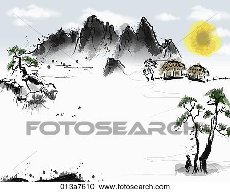 The black and white drawing of the mountain, traditional house, and pine View Large Illustration Clipart - The black and white drawing of the mountain, traditional house, and pine. Fotosearch
