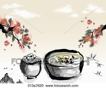 Clipart - The black and white drawing of the traditional new year's day rice cake soup. Fotosearch