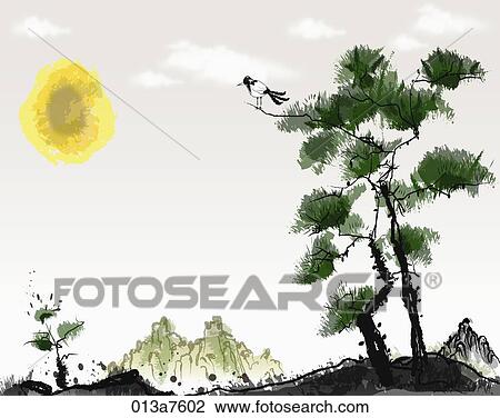 The black and white drawing of the Korean magpie on the pine View Large Illustration Drawing - The black and white drawing of the Korean magpie on the pine. Fotosearch