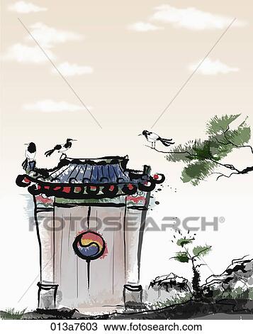 Drawing - The black and white drawing of the Korean magpie on the pine and traditional gate. Fotosearch
