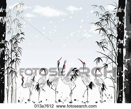 The black and white drawing of the cranes and bamboo View Large Illustration Drawing - The black and white drawing of the cranes and bamboo. Fotosearch