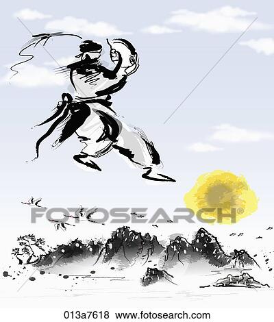 Stock Illustration - The black and white drawing of the man dancing Korean traditional dance . Fotosearch