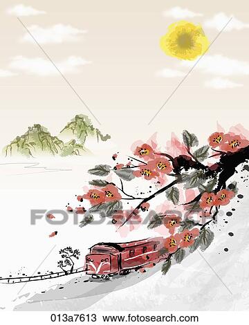 The black and white drawing of the red blossom, train, and the full moon View Large Illustration Drawing - The black and white drawing of the red blossom, train, and the full moon. Fotosearch