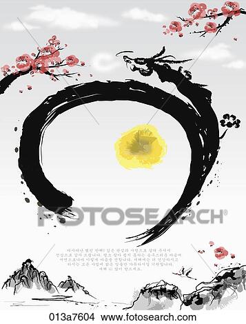 Stock Illustration - The black and white drawing of the dragon and blossom . Fotosearch