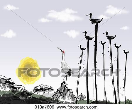 The black and white drawing of the crane, bird pole, and full moon View Large Illustration Stock Illustration - The black and white drawing of the crane, bird pole, and full moon . Fotosearch