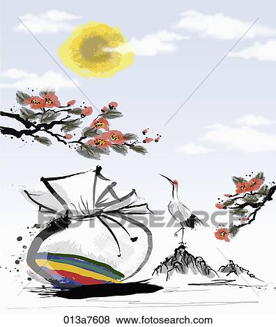 The black and white drawing of the crane, lucky bag, blossom, and full moon View Large Illustration Stock Illustration - The black and white drawing of the crane, lucky bag, blossom, and full moon . Fotosearch