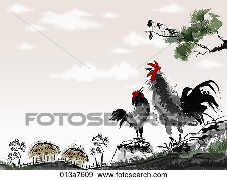 The black and white drawing of the chicken, Korean magpie, and traditional house View Large Illustration Stock Illustration - The black and white drawing of the chicken, Korean magpie, and traditional house. Fotosearch