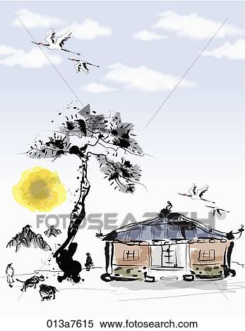 The black and white drawing of the traditional house, a pine, and full moon View Large Illustration Stock Illustration - The black and white drawing of the traditional house, a pine, and full moon . Fotosearch