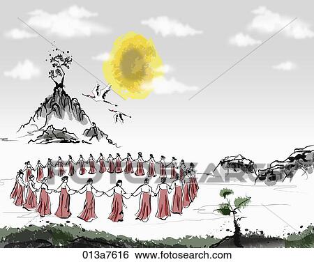 Stock Illustration - The black and white drawing of the Korean traditional dance in circle . Fotosearch