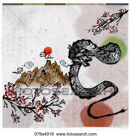 The black dragon with blossom and mountain around View Large Illustration Stock Illustration - The black dragon with blossom and mountain around . Fotosearch
