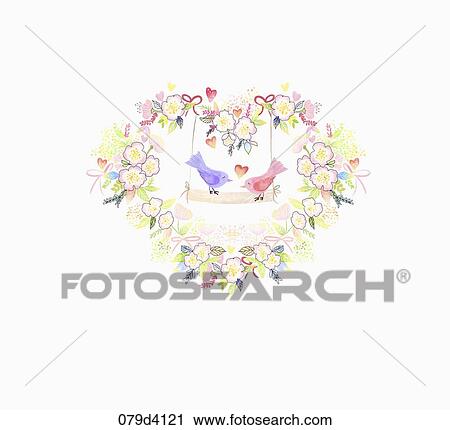 The blue bird and red bird with the flower wreath around View Large Illustration Clip Art - The blue bird and red bird with the flower wreath around. Fotosearch