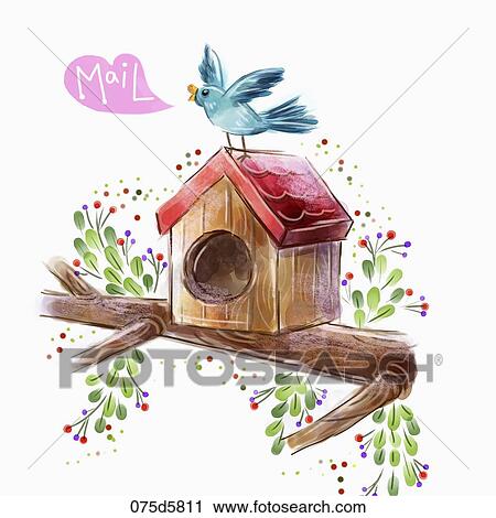 The blue bird on the red roof cage View Large Illustration Clip Art - The blue bird on the red roof cage . Fotosearch