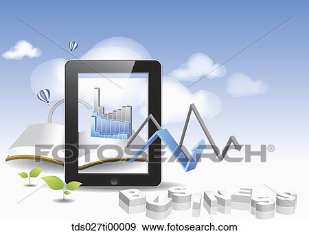 Stock Illustration - The blue chart from the table PC with the book and business blocks around. Fotosearch