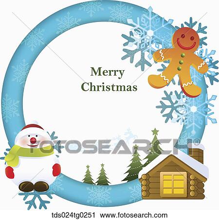Clip Art - The blue circle frame with ginger man, snowman, and house. Fotosearch