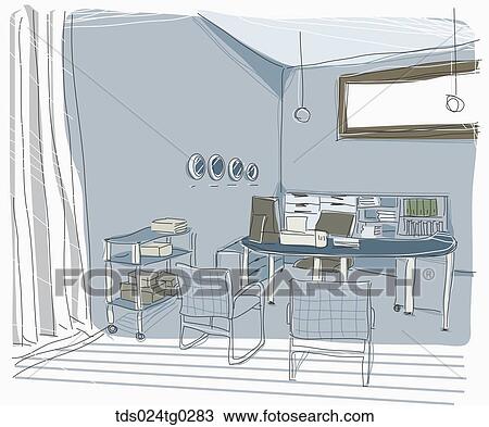 Drawing - The blue colored office illustration. Fotosearch