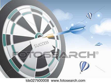The blue dart pinning the note of success on the target View Large Illustration Stock Illustration - The blue dart pinning the note of success on the target . Fotosearch