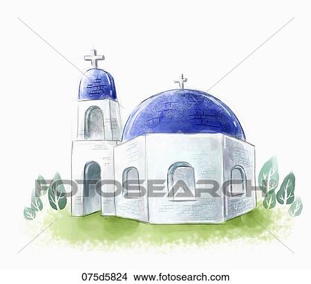Stock Illustration - The blue roof church with the green trees around. Fotosearch