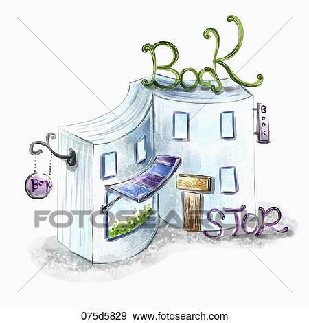 The book shaped bookstore with the green and purple structure View Large Illustration Stock Illustration - The book shaped bookstore with the green and purple structure. Fotosearch