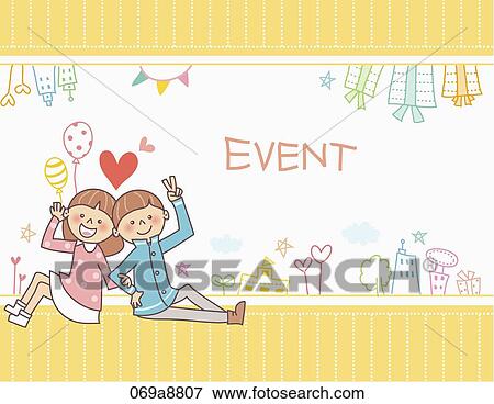 Stock Illustration - The boy and girl folding their arms with event notice. Fotosearch