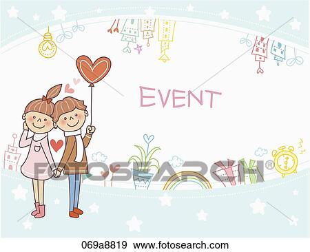 Stock Illustration - The boy and girl holding hands and balloon with event notice . Fotosearch