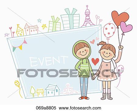 Stock Illustration - The boy and girl holding hands together with event notice. Fotosearch
