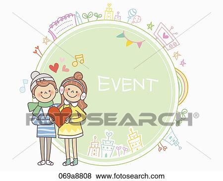 Stock Illustration - The boy and girl holding red heart together with event notice. Fotosearch