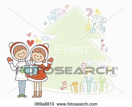 Clipart - The boy and girl holding the present together with event notice . Fotosearch