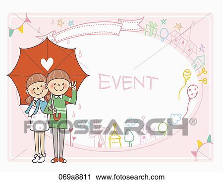 Clip Art - The boy and girl holding the umbrella together with event notice. Fotosearch