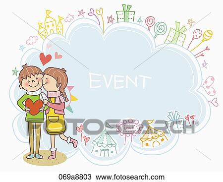 Drawing - The boy and girl kissing on the cheek with event notice . Fotosearch
