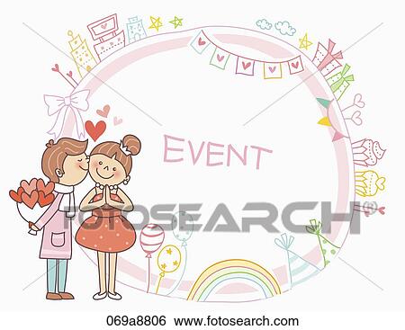 Stock Illustration - The boy and girl kissing on the cheek with event notice . Fotosearch