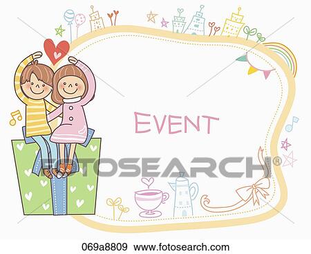 The boy and girl making heart on the present with event notice View Large Illustration Stock Illustration - The boy and girl making heart on the present with event notice. Fotosearch