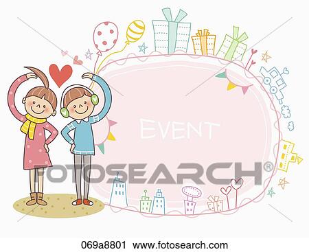 Clip Art - The boy and girl making heart over their head with event notice . Fotosearch