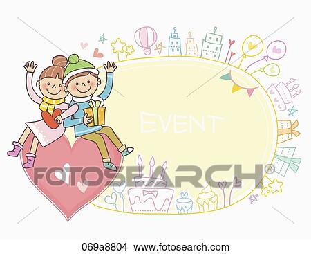 Stock Illustration - The boy and girl on the red heart with event notice. Fotosearch