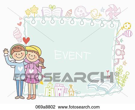 Drawing - The boy and girl putting arms around with event notice . Fotosearch